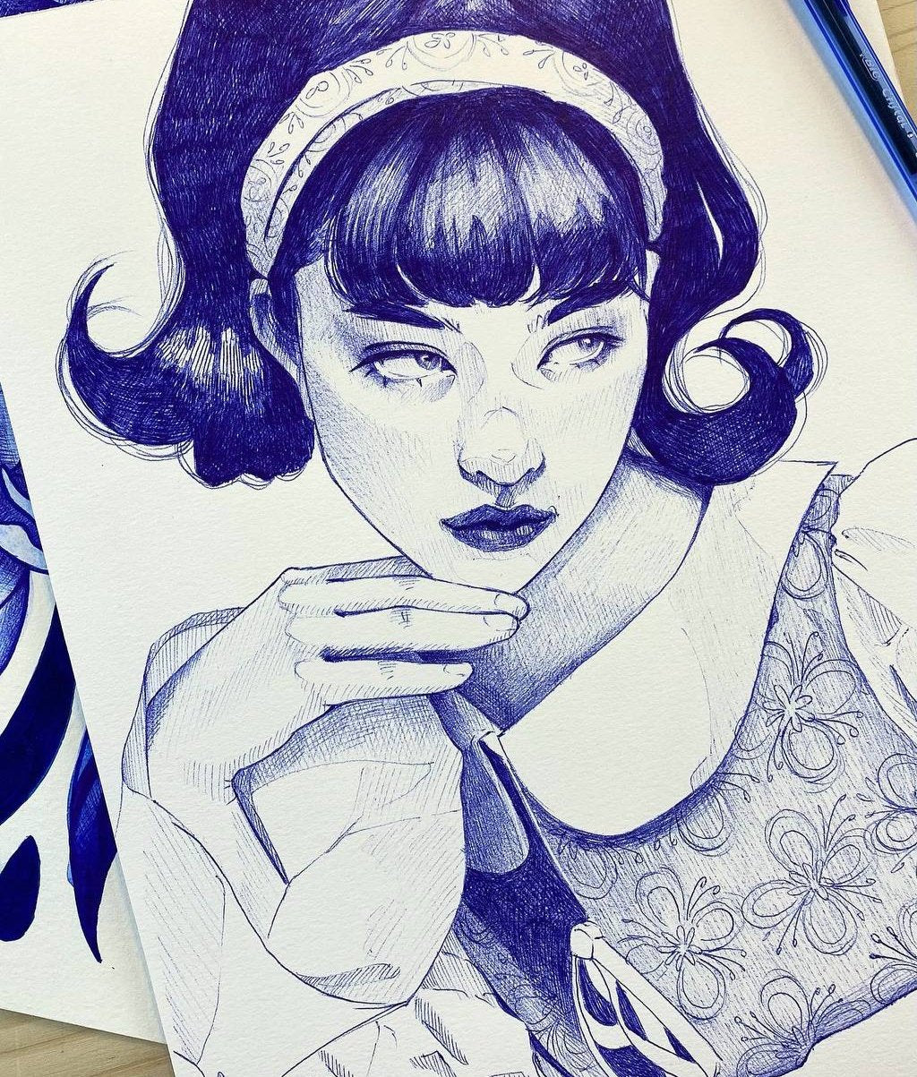 Mirta. Ritratto donna a penna, disegnato a mano originale by Giulia Riva Scaloppinee