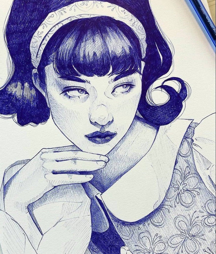 Mirta. Ritratto donna a penna, disegnato a mano originale by Giulia Riva Scaloppinee
